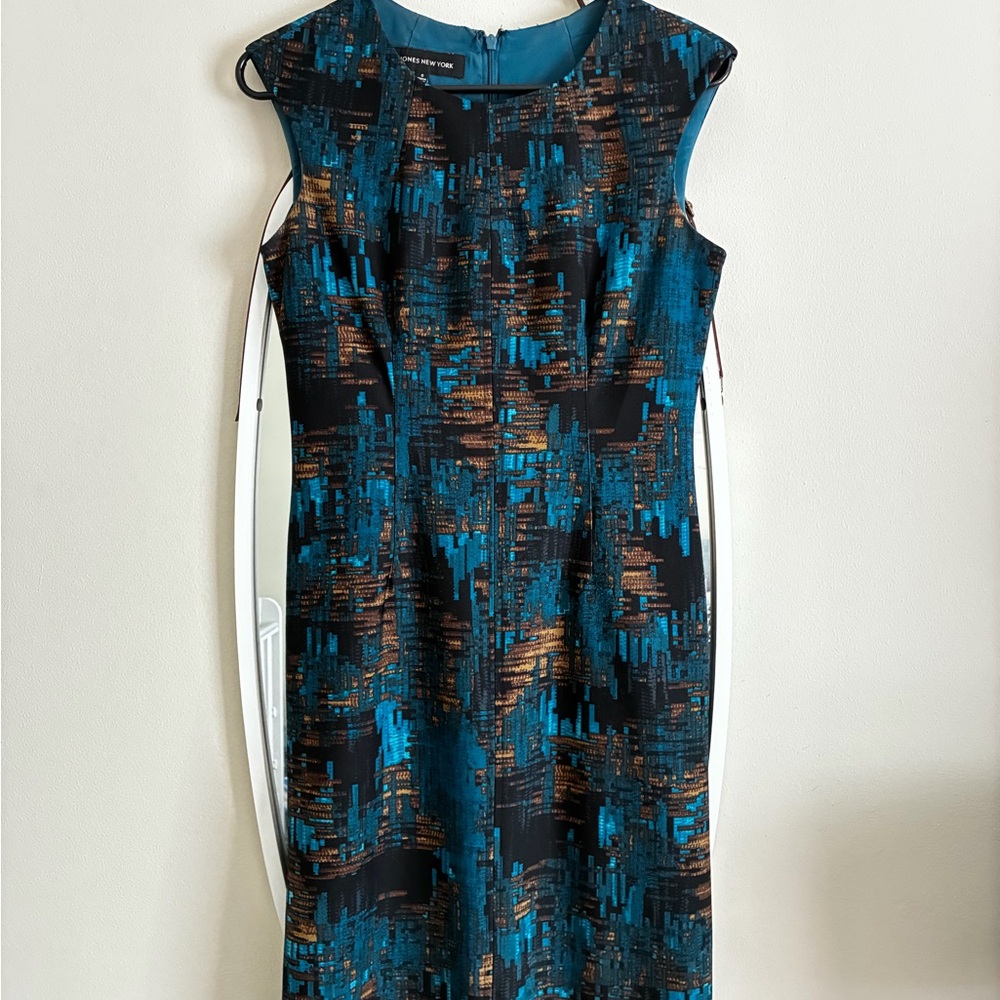 Jones New York Teal, Black & Bronze Patterned Midi Sheath Dress